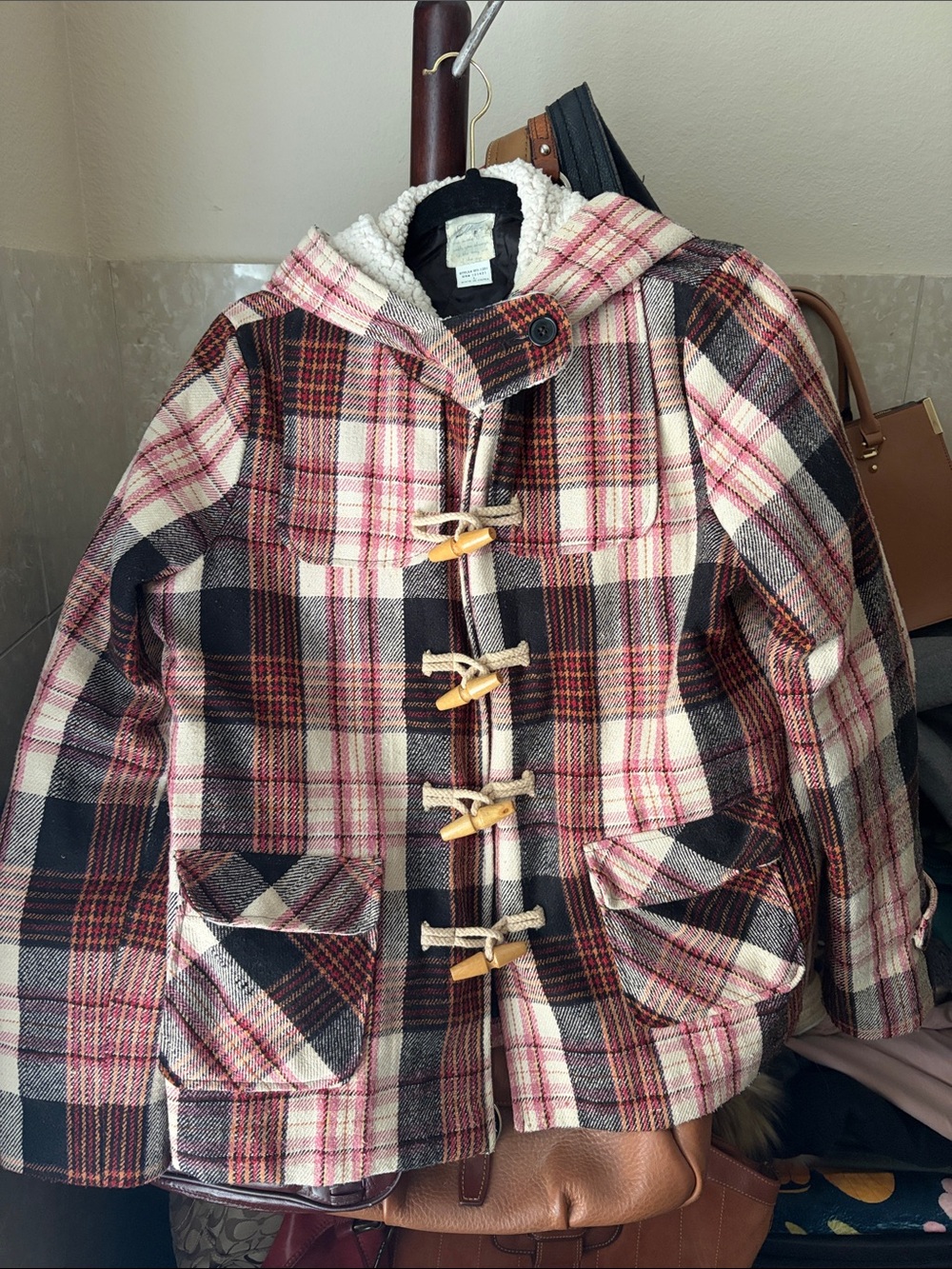 Kids Plaid Toggle Pea Coat with Hood - Pink & Black